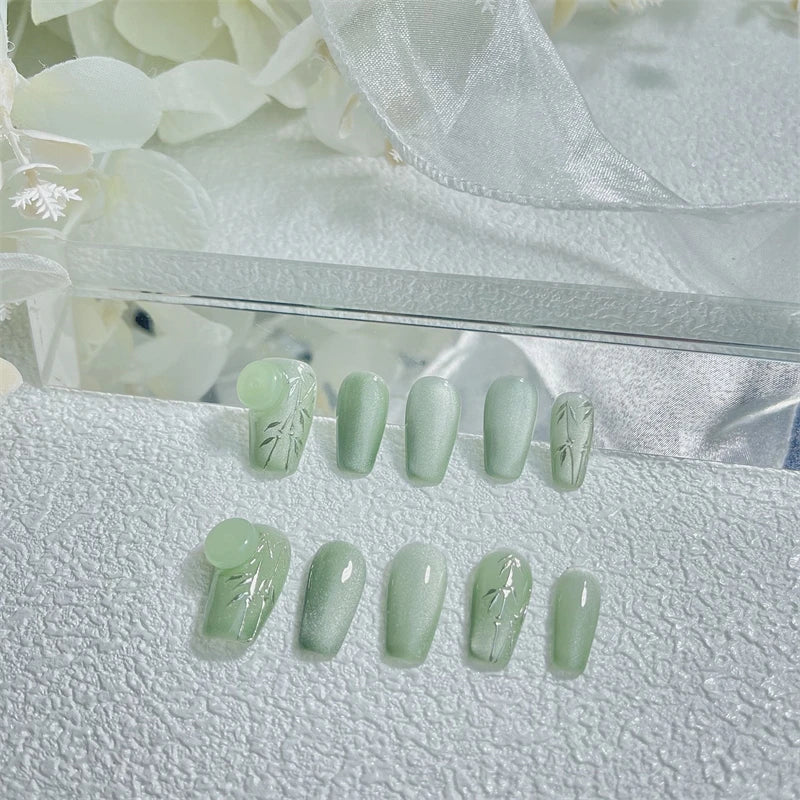 10pcs Handmade Press on Nails Bamboo Gradient Green Fake Nails Cat's Eye Glitter Tips Full Cover - Pansytracy