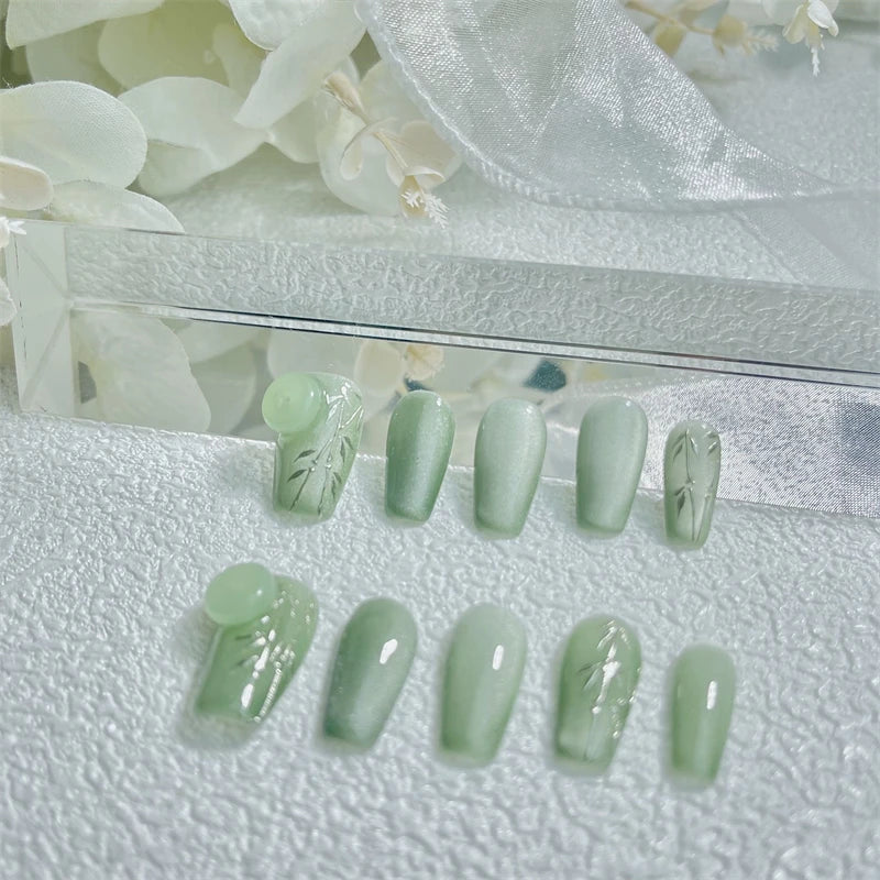 10pcs Handmade Press on Nails Bamboo Gradient Green Fake Nails Cat's Eye Glitter Tips Full Cover - Pansytracy