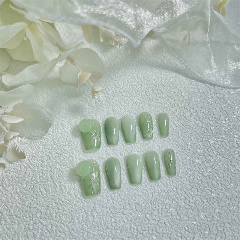 10pcs Handmade Press on Nails Bamboo Gradient Green Fake Nails Cat's Eye Glitter Tips Full Cover - Pansytracy
