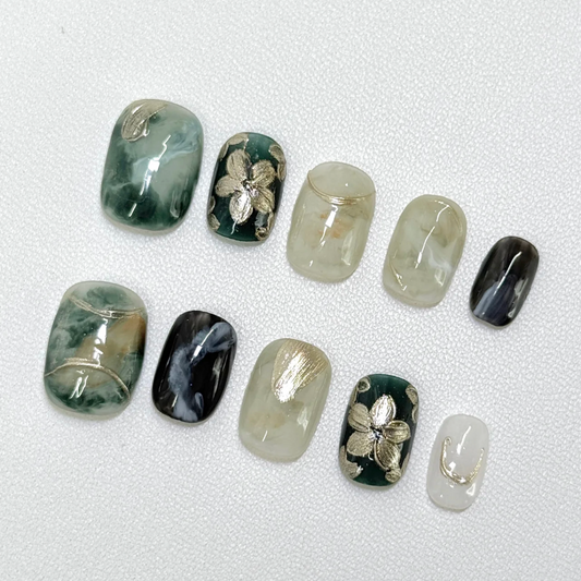 PANSYTRACY Green Gold Flower Halo Wear Nails Short Square Round - Pansytracy