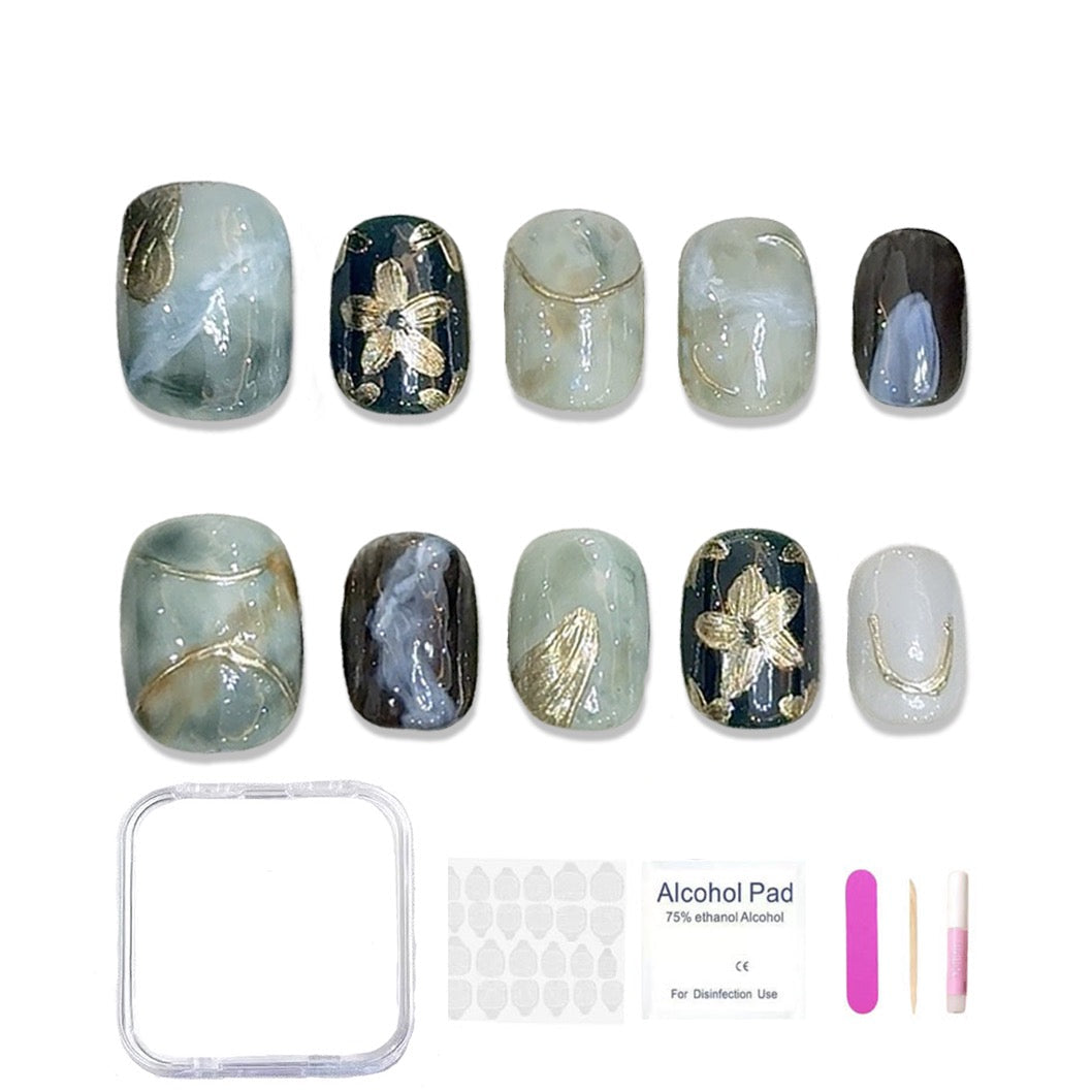 PANSYTRACY Green Gold Flower Halo Wear Nails Short Square Round - Pansytracy