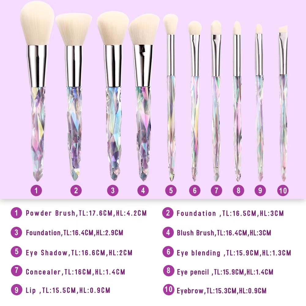 10Pcs Makeup Brush Set Geometric Brilliance Crystal Handle | Professional Face & Eye Brushes