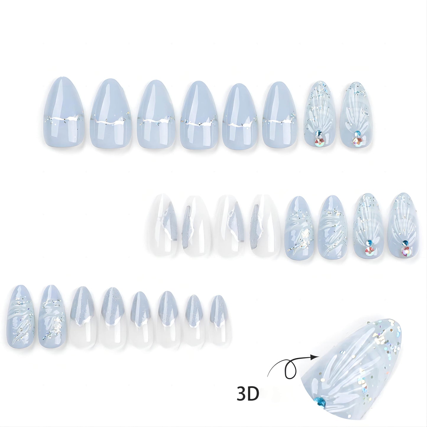 24pcs Blue Sea Shells Fake Nail Patch 3D Ocean Series Design Almond False Nai - Pansytracy