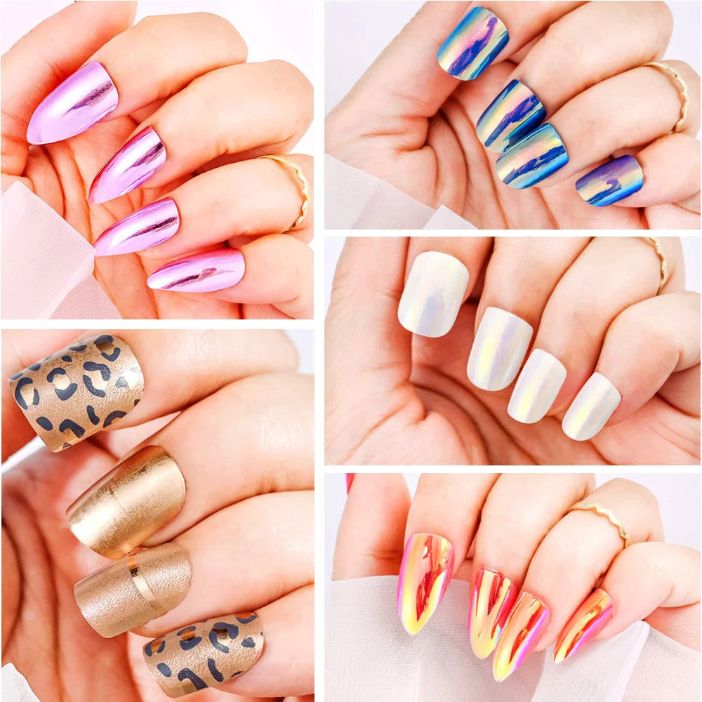 Press on Nails -120Pcs Chrome Magic Mirror Effect Green Purple False Nails Metallic Punk Long Coffin - Pansytracy