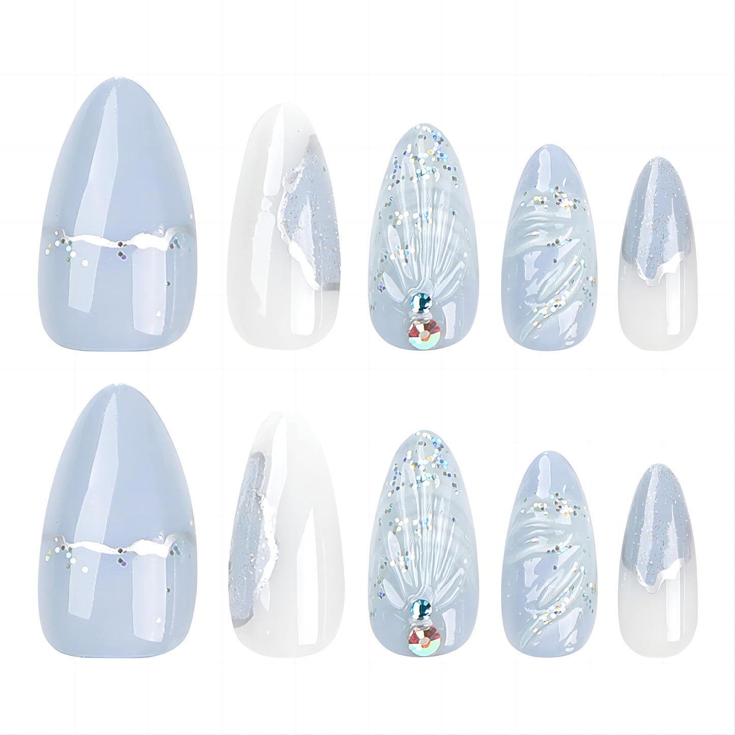 24pcs Blue Sea Shells Fake Nail Patch 3D Ocean Series Design Almond False Nai - Pansytracy