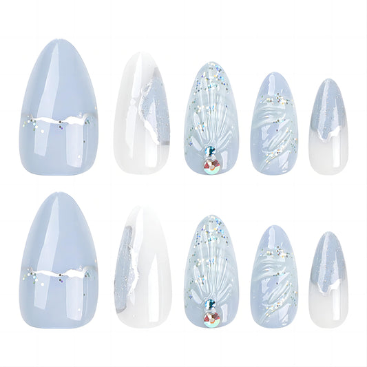24pcs Blue Sea Shells Fake Nail Patch 3D Ocean Series Design Almond False Nai - Pansytracy