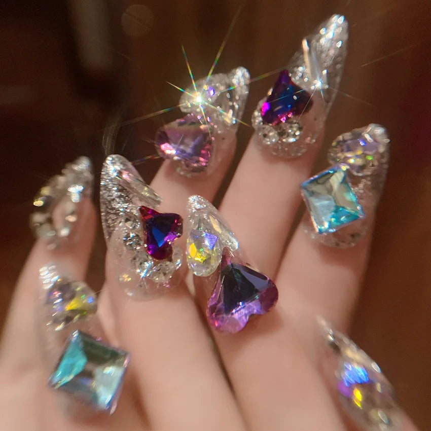 24pcs Handamde Glitter Large Crystal False Nails 3D Rhinestone Pearl Decor - Pansytracy
