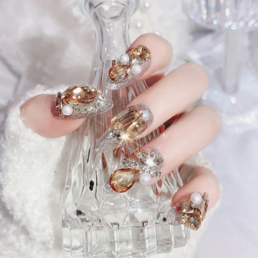 24pcs Handamde Glitter Large Crystal False Nails 3D Rhinestone Pearl Decor - Pansytracy