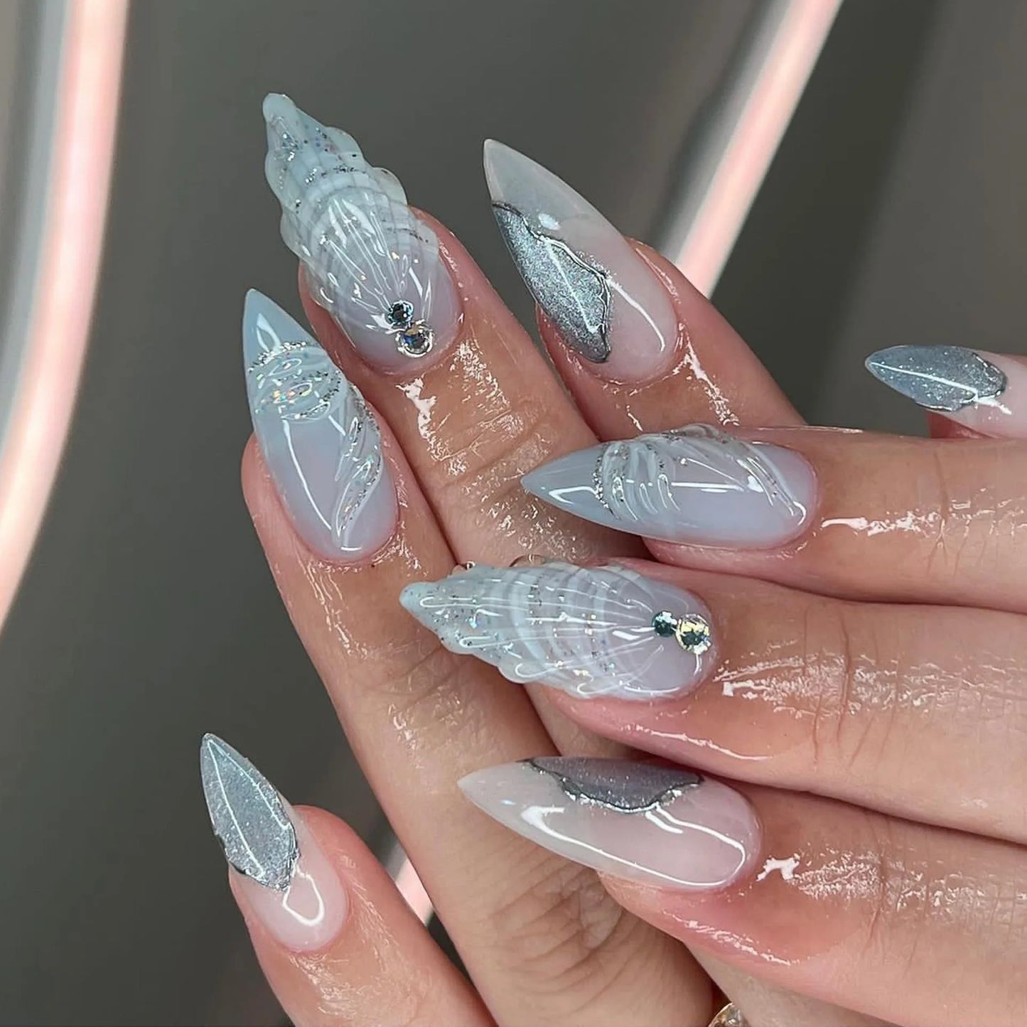 24pcs Blue Sea Shells Fake Nail Patch 3D Ocean Series Design Almond False Nai - Pansytracy