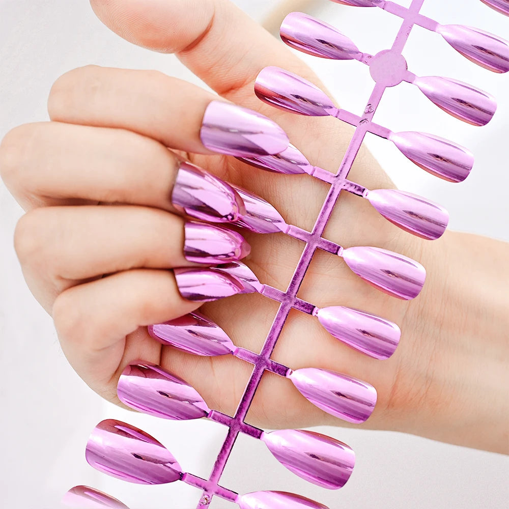 Press on Nails -120Pcs Chrome Magic Mirror Effect Green Purple False Nails Metallic Punk Long Coffin - Pansytracy