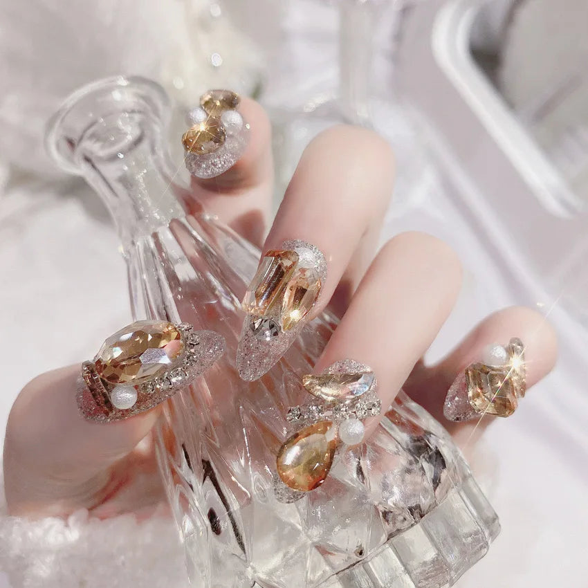 24pcs Handamde Glitter Large Crystal False Nails 3D Rhinestone Pearl Decor - Pansytracy