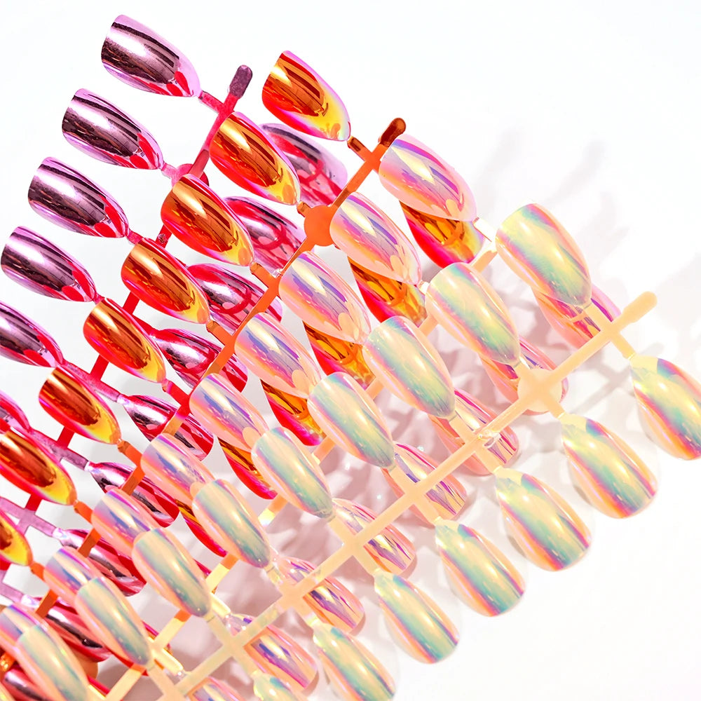 Press on Nails -120Pcs Chrome Magic Mirror Effect Green Purple False Nails Metallic Punk Long Coffin - Pansytracy