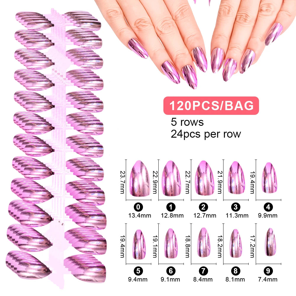 Press on Nails -120Pcs Chrome Magic Mirror Effect Green Purple False Nails Metallic Punk Long Coffin - Pansytracy
