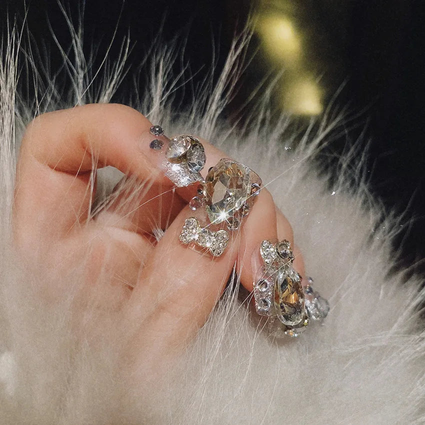 24pcs Handamde Glitter Large Crystal False Nails 3D Rhinestone Pearl Decor - Pansytracy