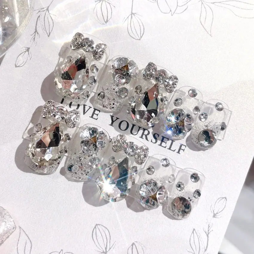 24pcs Handamde Glitter Large Crystal False Nails 3D Rhinestone Pearl Decor - Pansytracy