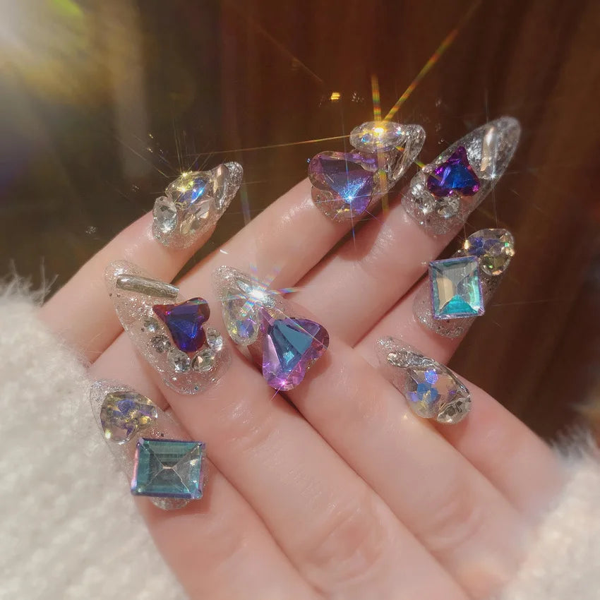 24pcs Handamde Glitter Large Crystal False Nails 3D Rhinestone Pearl Decor - Pansytracy
