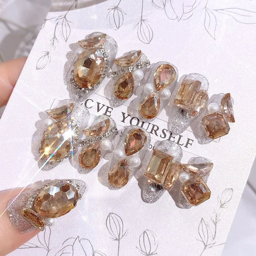 24pcs Handamde Glitter Large Crystal False Nails 3D Rhinestone Pearl Decor - Pansytracy