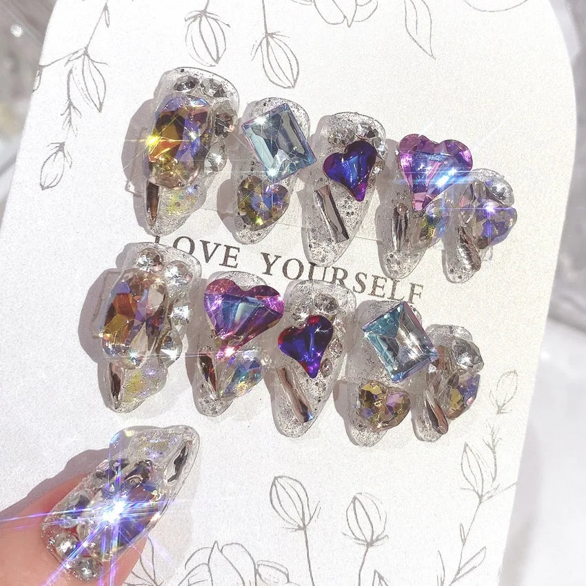 24pcs Handamde Glitter Large Crystal False Nails 3D Rhinestone Pearl Decor - Pansytracy