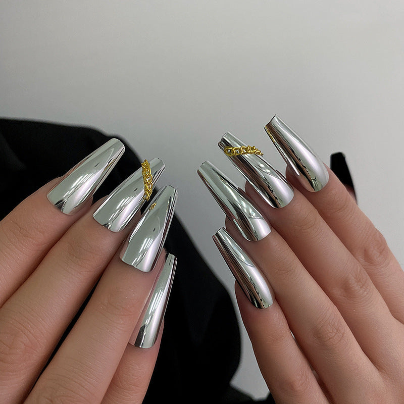 Chic Allure- Silver Glossy Chain Design 24 Pieces 12 Sizes T-Shape Long Wearable Nail Art Set with Jelly Nail Glue - Pansytracy