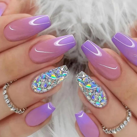 Gradient Purple & Pink Press-On Nails with Blingy Decorations with Gel Nail Glue - Pansytracy