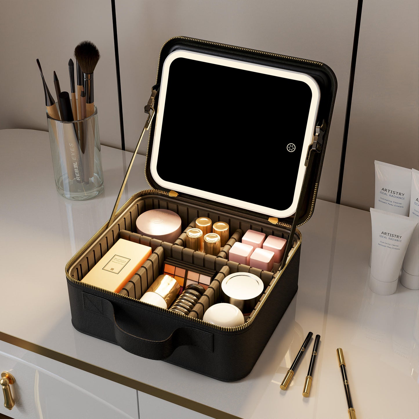 PANSYTRACY Makeup Bag with Lighted Mirror Travel Cosmetic Organizer Case - PANSYTRACY
