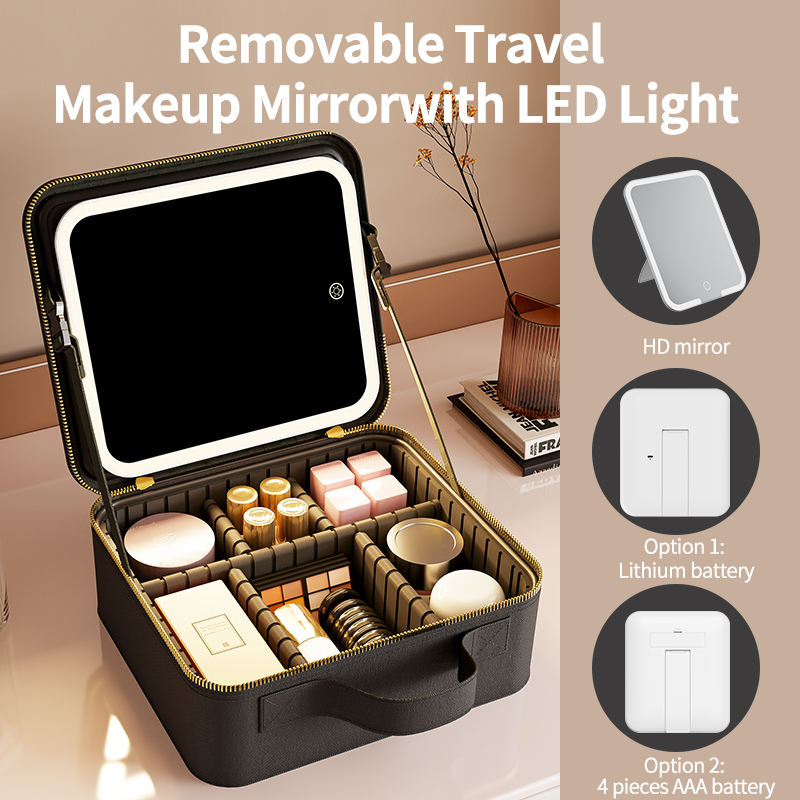 PANSYTRACY Makeup Bag with Lighted Mirror Travel Cosmetic Organizer Case - PANSYTRACY