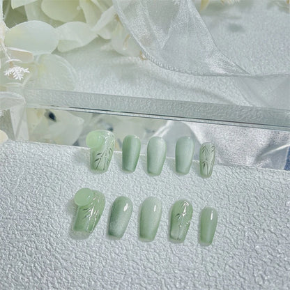 10pcs Handmade Press on Nails Bamboo Gradient Green Fake Nails Cat's Eye Glitter Tips Full Cover - Pansytracy