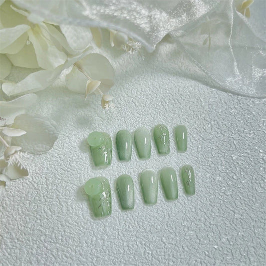 10pcs Handmade Press on Nails Bamboo Gradient Green Fake Nails Cat's Eye Glitter Tips Full Cover - Pansytracy
