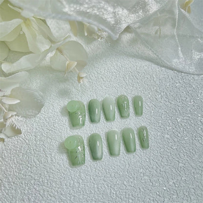 10pcs Handmade Press on Nails Bamboo Gradient Green Fake Nails Cat's Eye Glitter Tips Full Cover - Pansytracy