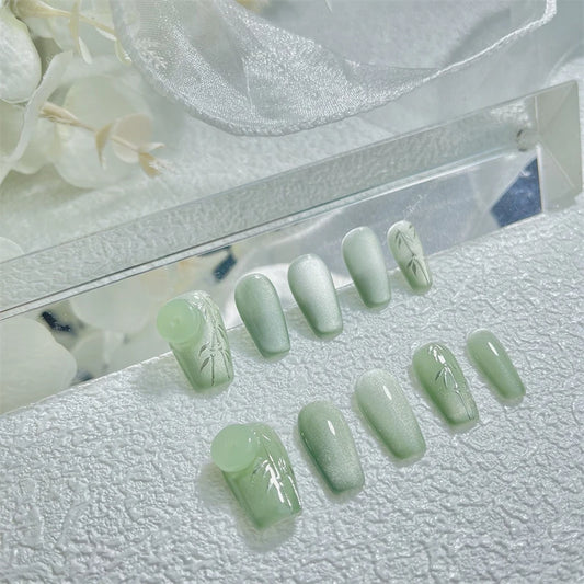 10pcs Handmade Press on Nails Bamboo Gradient Green Fake Nails Cat's Eye Glitter Tips Full Cover - Pansytracy