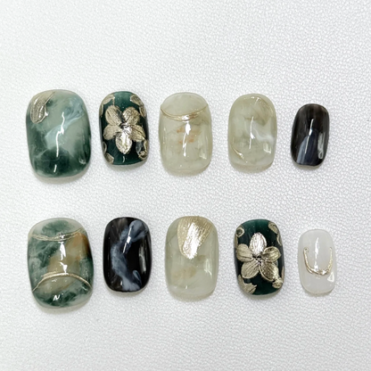 PANSYTRACY Green Gold Flower Halo Wear Nails Short Square Round - Pansytracy