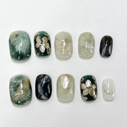 PANSYTRACY Green Gold Flower Halo Wear Nails Short Square Round - Pansytracy