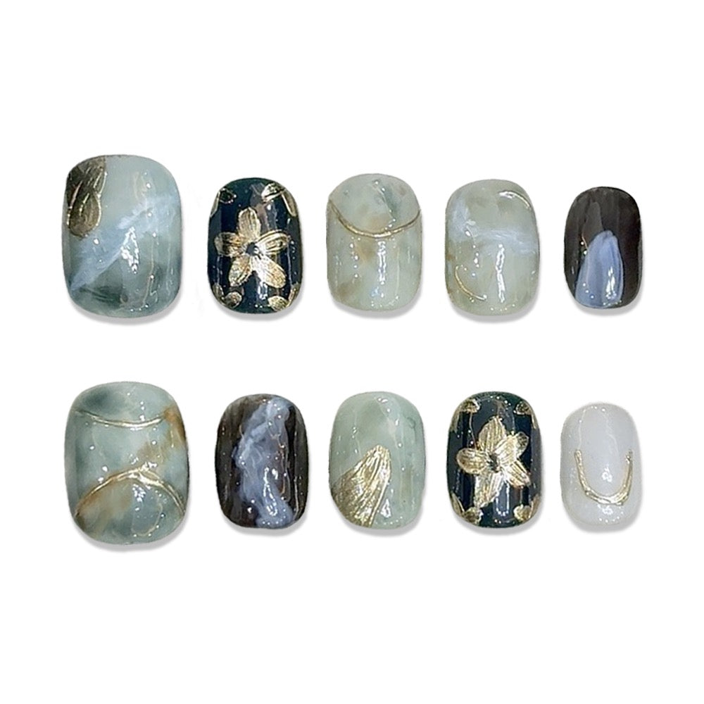 PANSYTRACY Green Gold Flower Halo Wear Nails Short Square Round - Pansytracy