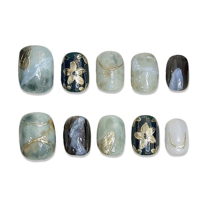 PANSYTRACY Green Gold Flower Halo Wear Nails Short Square Round - Pansytracy
