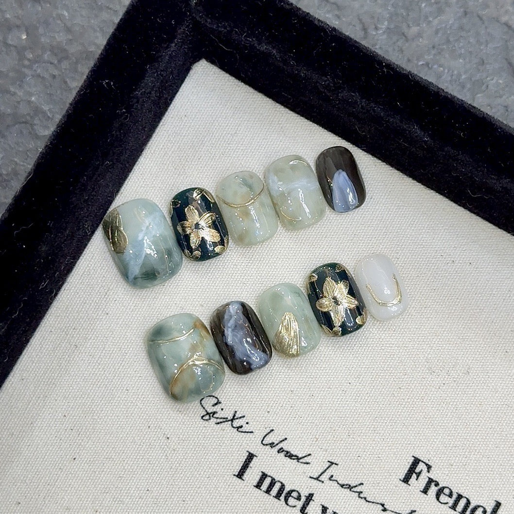 PANSYTRACY Green Gold Flower Halo Wear Nails Short Square Round - Pansytracy
