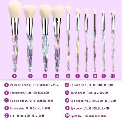 10Pcs Makeup Brush Set Geometric Brilliance Crystal Handle | Professional Face & Eye Brushes