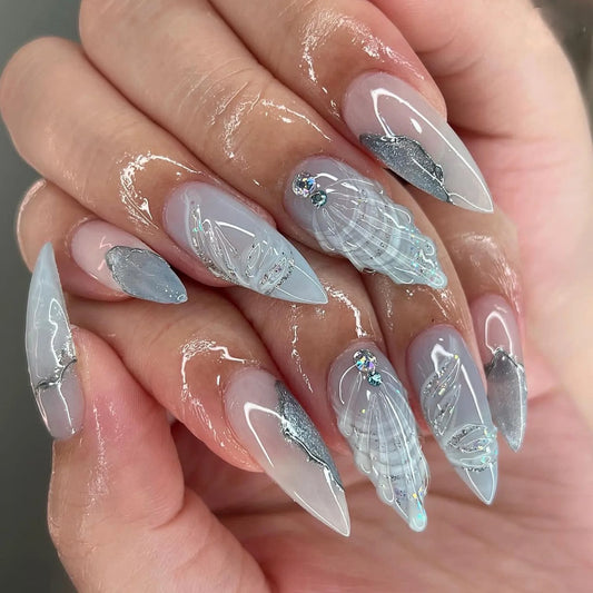 24pcs Blue Sea Shells Fake Nail Patch 3D Ocean Series Design Almond False Nai - Pansytracy