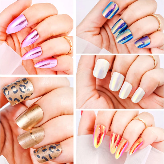Press on Nails -120Pcs Chrome Magic Mirror Effect Green Purple False Nails Metallic Punk Long Coffin - Pansytracy