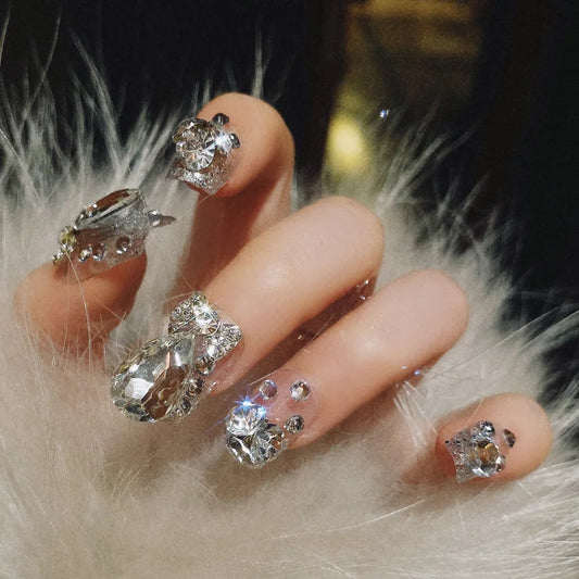 24pcs Handamde Glitter Large Crystal False Nails 3D Rhinestone Pearl Decor - Pansytracy