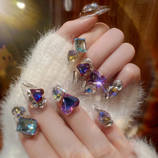 24pcs Handamde Glitter Large Crystal False Nails 3D Rhinestone Pearl Decor - Pansytracy