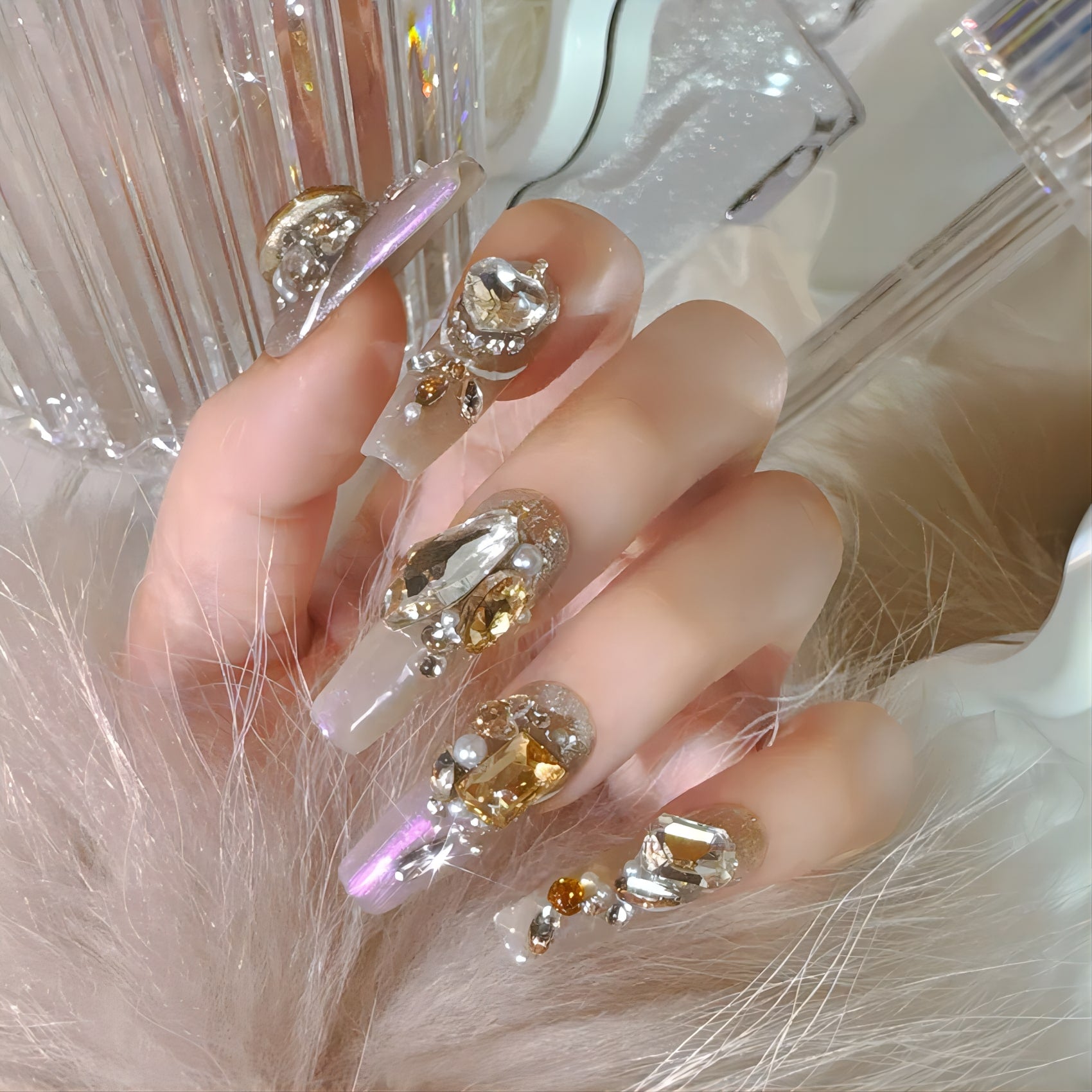 10pcs Handmade Heavy Metal False Nails with Gold Crystal Design Fake Nails - Pansytracy