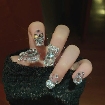 24pcs Handamde Glitter Large Crystal False Nails 3D Rhinestone Pearl Decor - Pansytracy