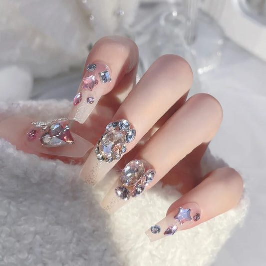 24pcs Handamde Glitter Large Crystal False Nails 3D Rhinestone Pearl Decor - Pansytracy