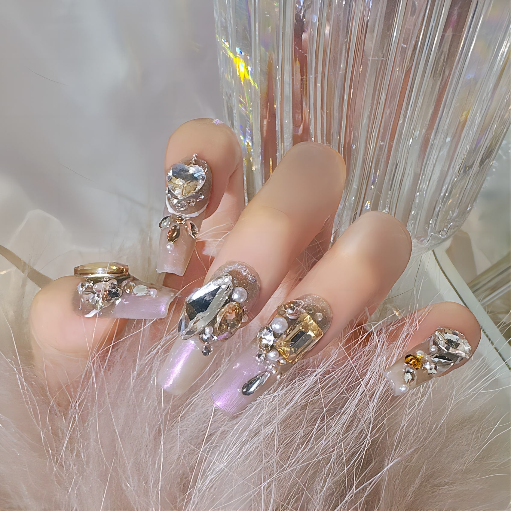 10pcs Handmade Heavy Metal False Nails with Gold Crystal Design Fake Nails - Pansytracy