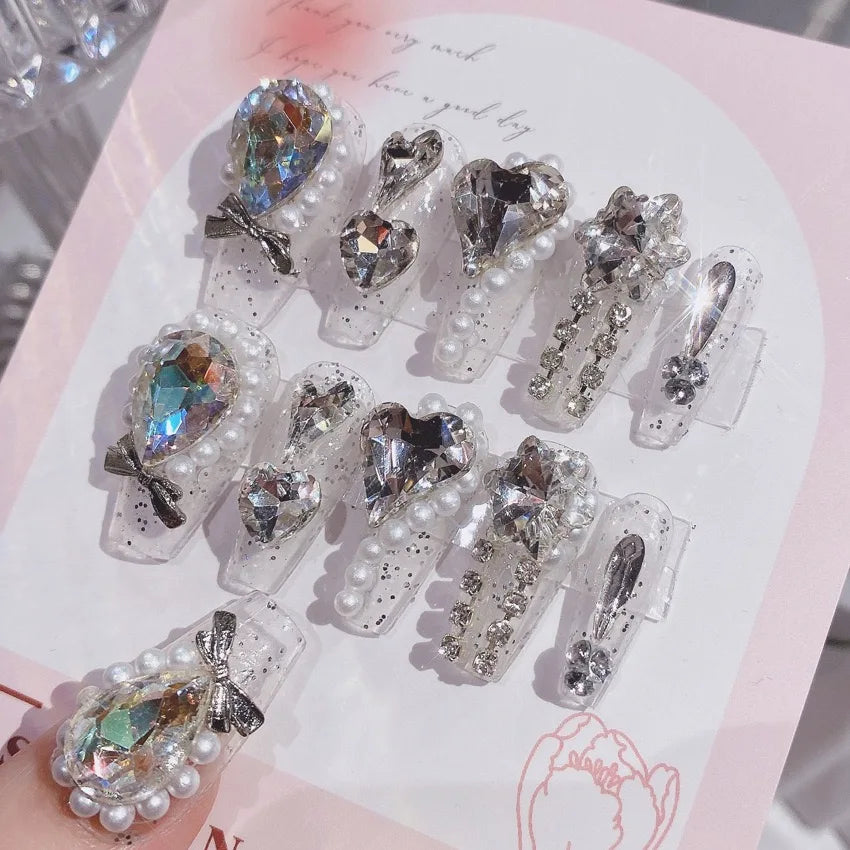 24pcs Handamde White Large Crystal False Nails 3D Rhinestone Pearl Decor - Pansytracy