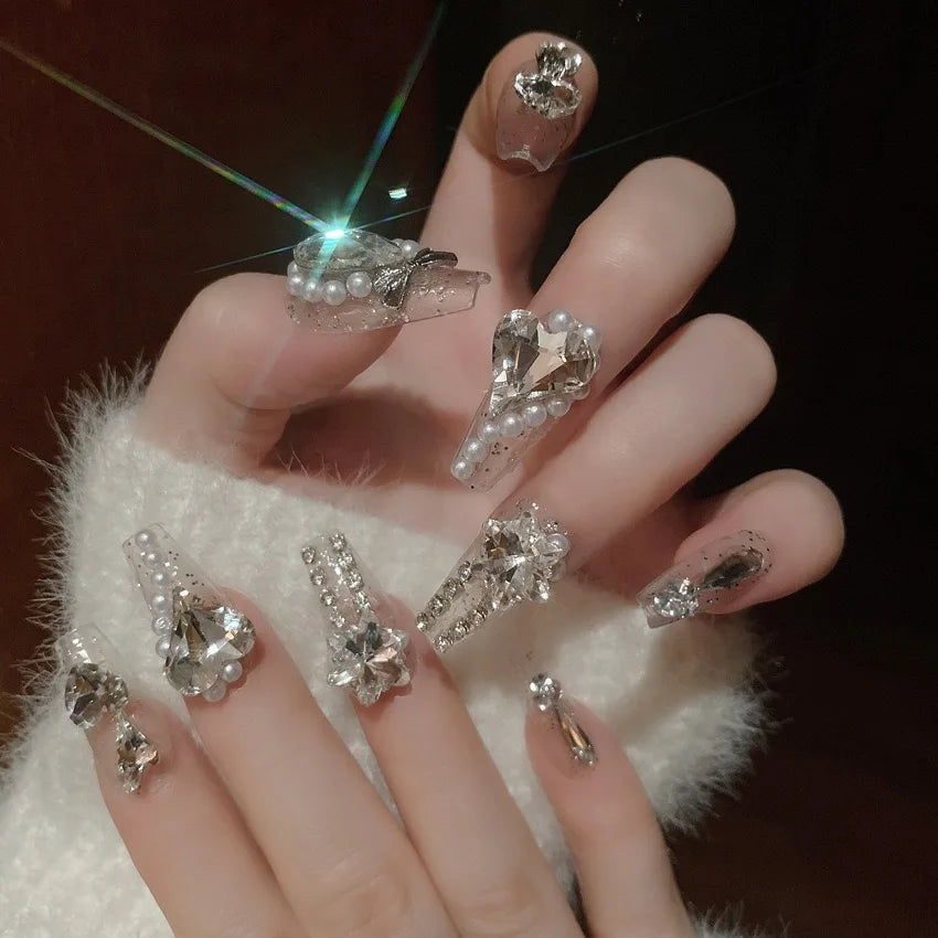 24pcs Handamde White Large Crystal False Nails 3D Rhinestone Pearl Decor - Pansytracy