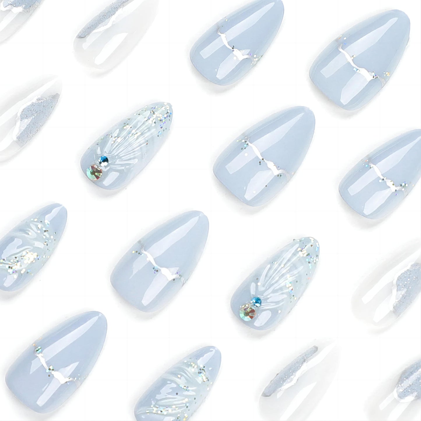 24pcs Blue Sea Shells Fake Nail Patch 3D Ocean Series Design Almond False Nai - Pansytracy
