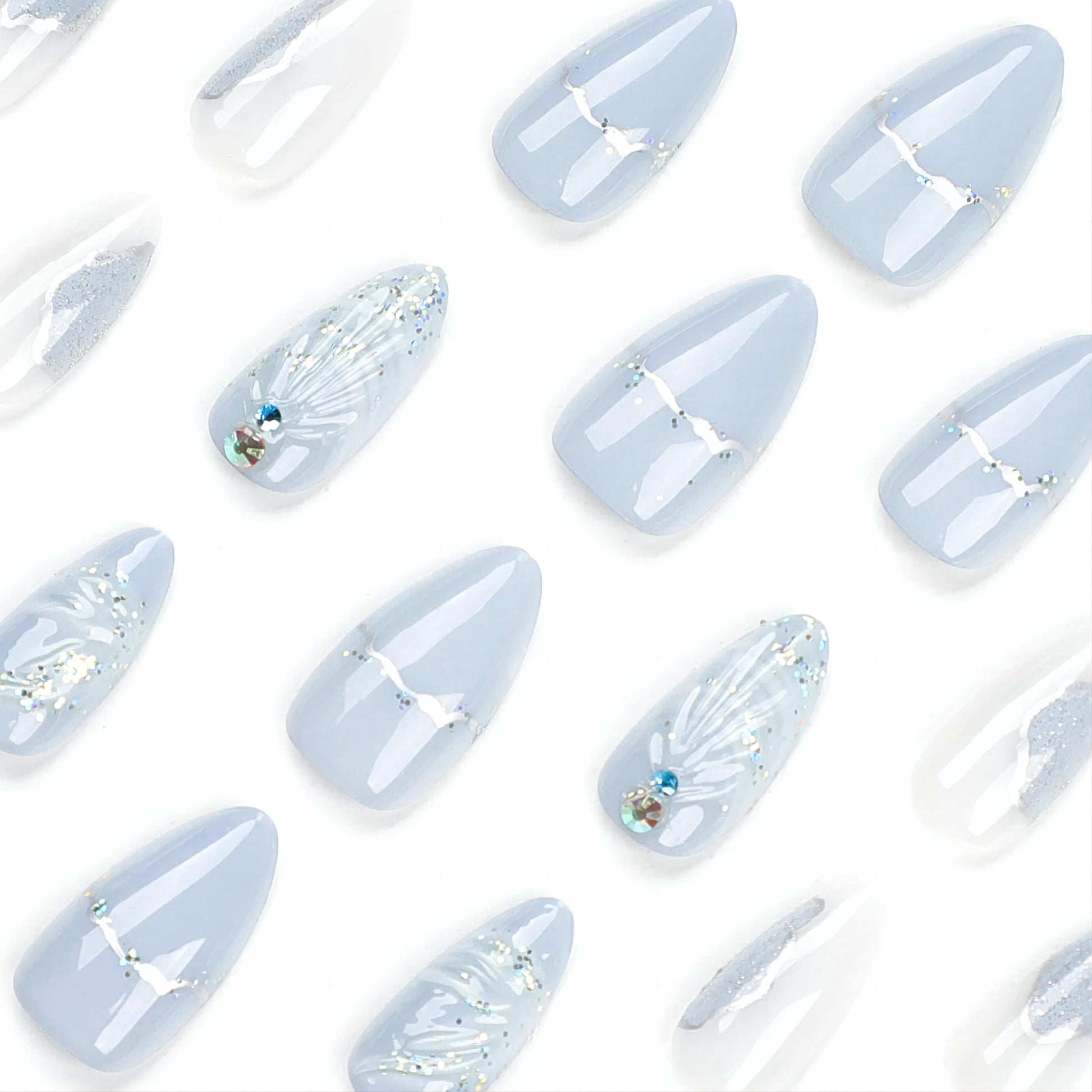 24pcs Blue Sea Shells Fake Nail Patch 3D Ocean Series Design Almond False Nai - Pansytracy