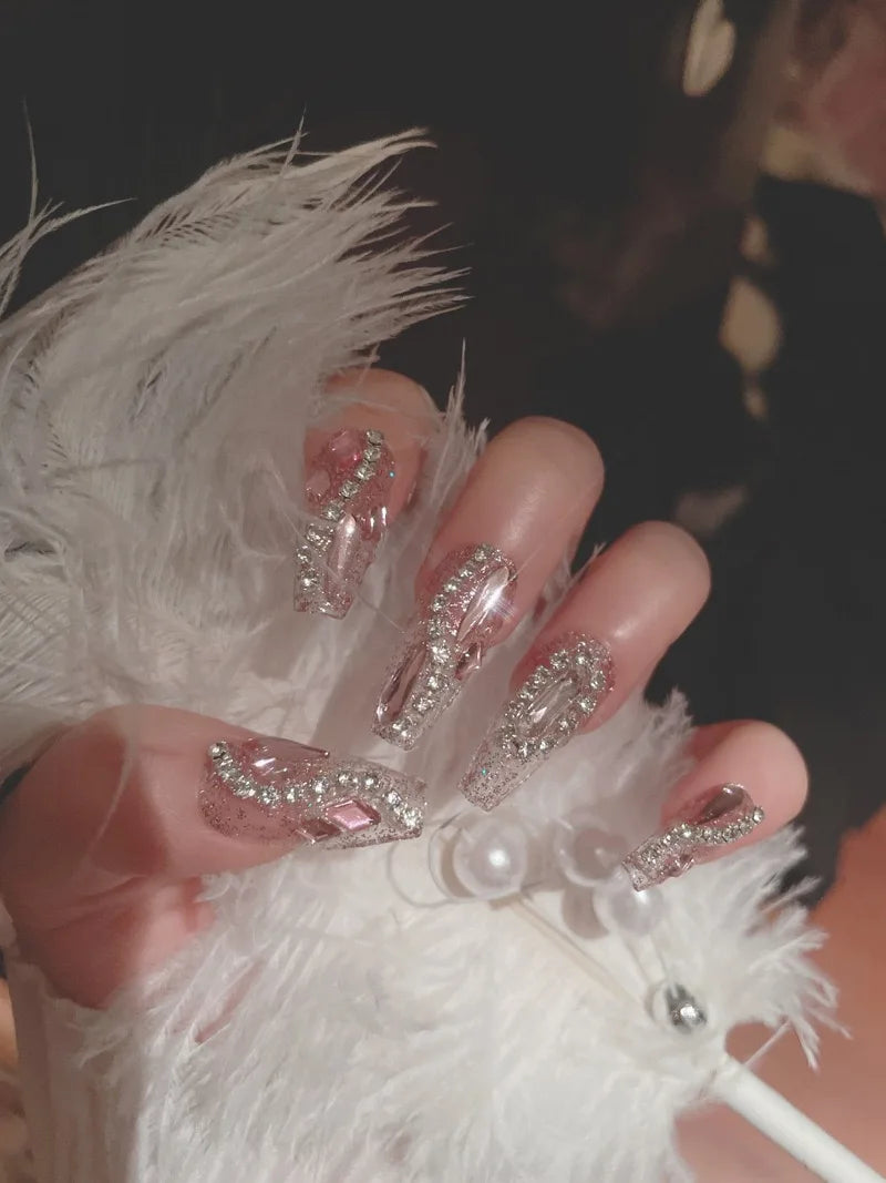 24pcs Handamde Large Crystal False Nails 3D Rhinestone Pearl Decor - Pansytracy