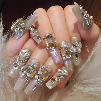 10pcs Handmade Heavy Metal False Nails with Gold Crystal Design Fake Nails - Pansytracy